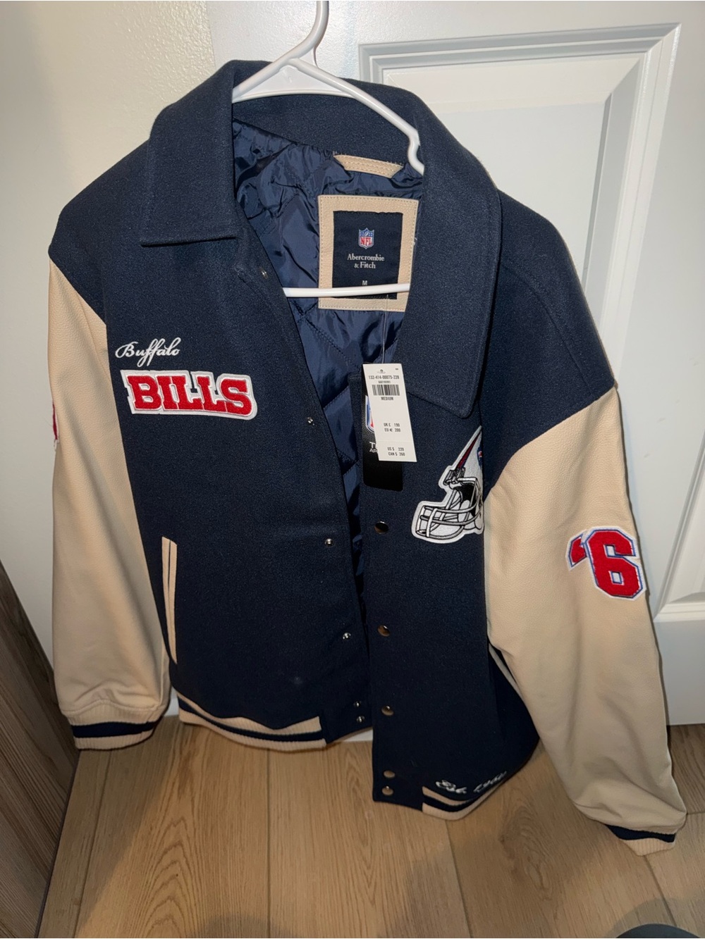 Abercrombie & Fitch Men’s Buffalo Bills Navy and Cream Varsity Jacket NWT